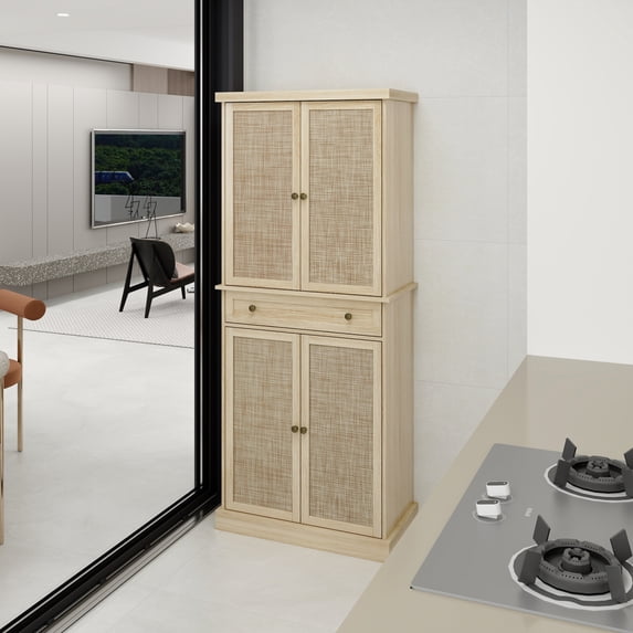 Wood Accent Storage Cabinet with Drawer and 4 Door, Natural Rattan Sideboard Cabinet with 4 Adjustable Shelves