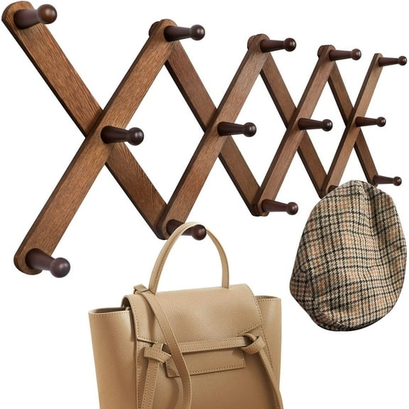 Wood Accordion Wall Hanger, Expandable Coat Rack Wall Mount with 14 Pegs, Expanding Hat Rack for Wall, X Shape, 27"10", Walnut Color