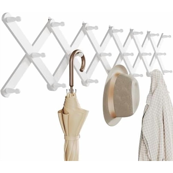 Wood Accordion Wall Hanger, Expandable Coat Rack Wall Mount with 20 Pegs, Expanding Hat Rack for Wall White