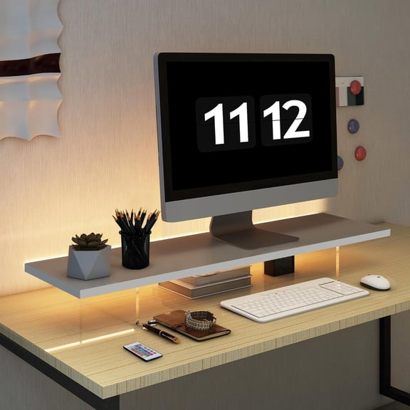 Wood & Acrylic Computer Monitor Stand with LED Light,Desk Accessories Desktop Organizer Stand for Computer,Laptop,Printer,PC & TV Screen Riser