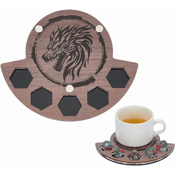 Wood Acrylic Dice Coaster Set with 5-Pockets Dice Storage Organizer and Gaming Coaster for Tabletop Organizer Family Gatherings Game Nights