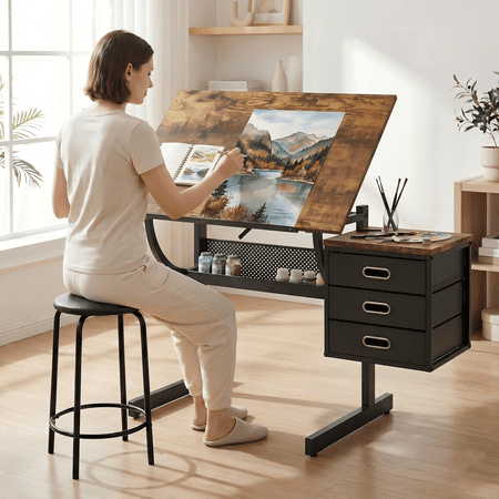 Wood Adjustable Drafting Table with Stool & 3 Drawers, Tilting Art Desk for Drawing & Crafting, Multi-Functional Study & Office Desk