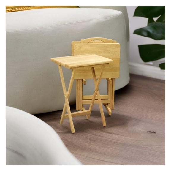 Wood Alex 5 Piece Folding Snack Table Set, Clear Lacquer X Frame Base, Upright Stand, Spacious Top, Solid Wood Coffee Table for Living Room