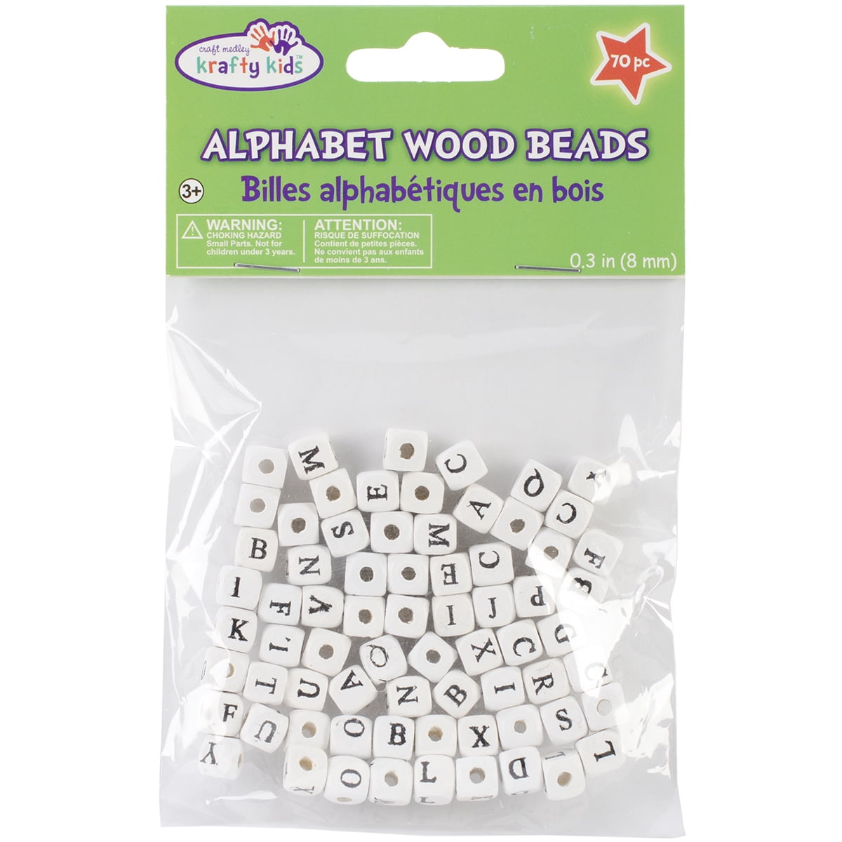 Wood Alphabet Beads 8mm 70/Pkg-White