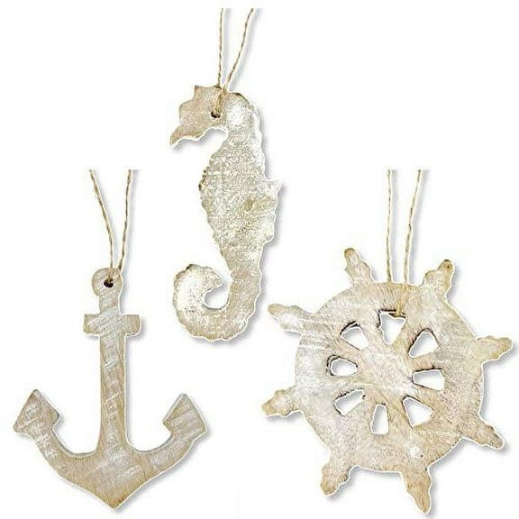 Wood Anchor Seahorse Ship Wheel Ornament -Set of 3 Nautical Coastal Ornaments