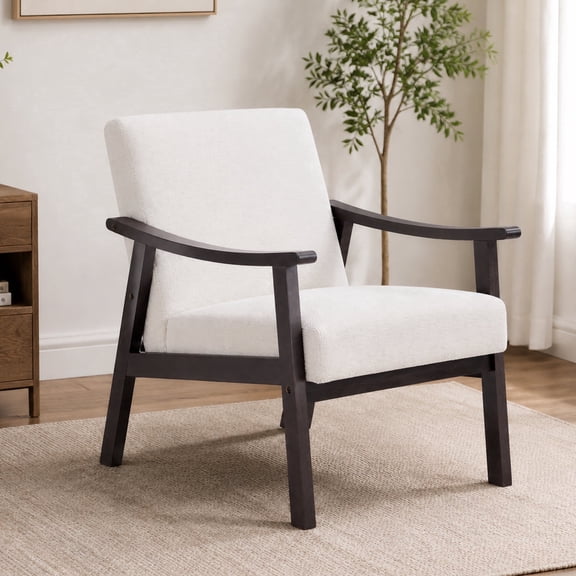 Upholstered Armchair with Wood Arms, Cream White Accent Chair for Living Room and Bedroom