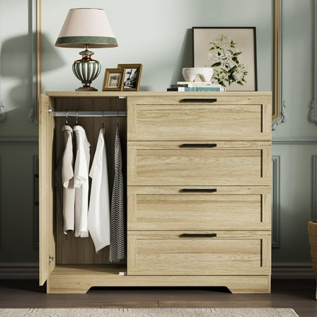 Wood Armoire Wardrobe Closet, Bedroom Wardrobe Cabinet with 4 Drawers, Door & Hanging Rod, Clothing Storage Cabinets, Chests of Drawers