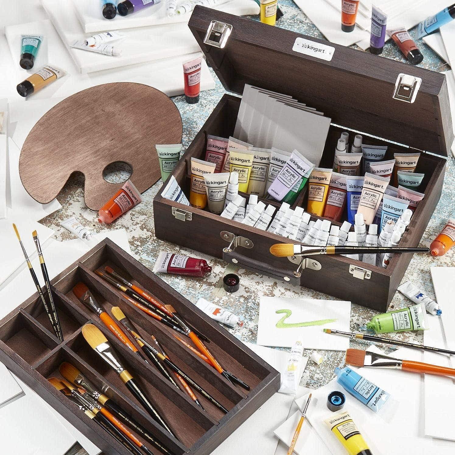Wood Art Storage Box With Espresso Stain, 2-Tier Wood Case with 10 Dividers, Holds Markers, Paint, Brushes, Pencils, And More