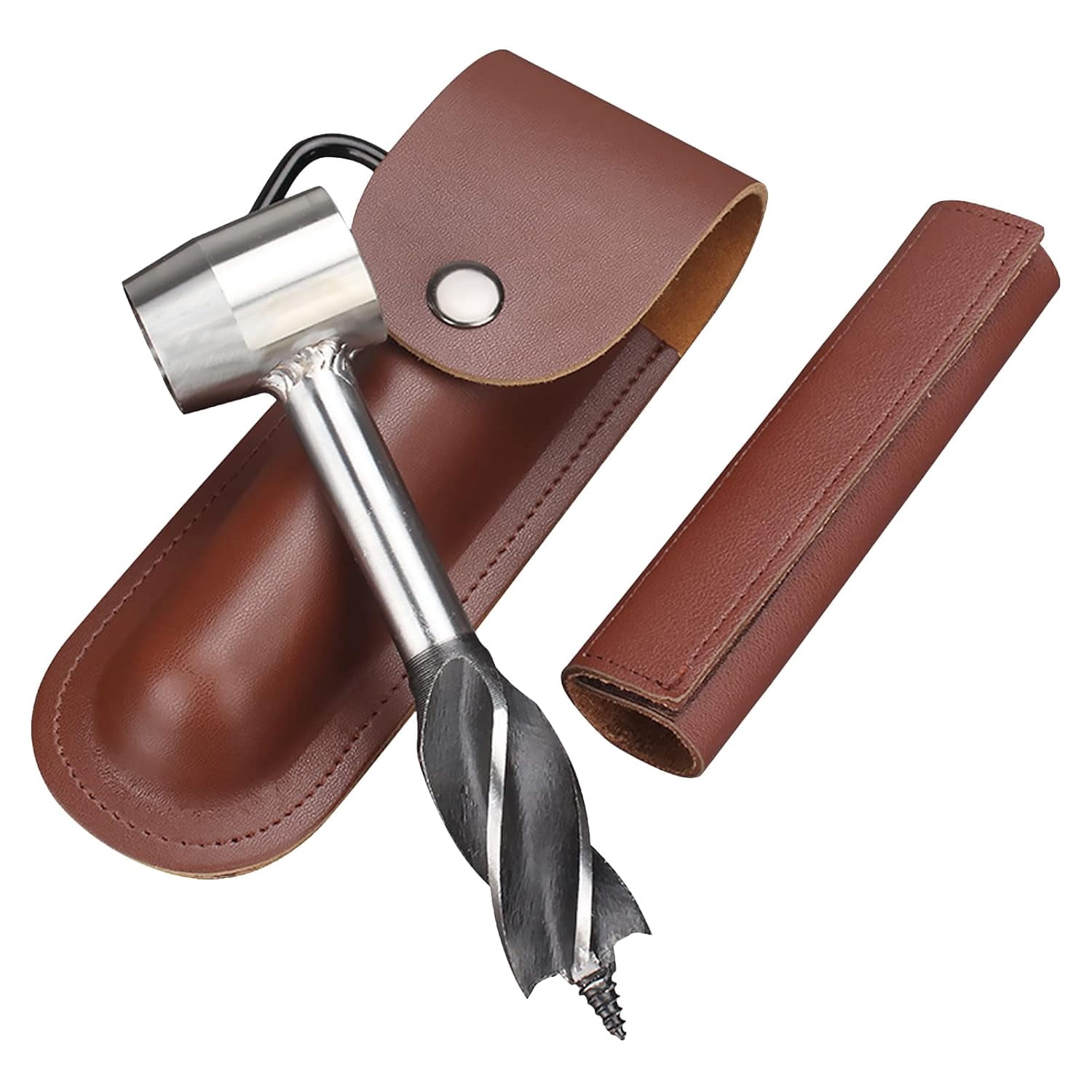 Wood Auger Drill Bit, Survival Settlers Tools Scotch Eye Bushcraft Gear And Equipment Manual Peg Hole Maker Multitool With Leather Case For Camping Outdoor Backpack (Brown), 6.3*1.57