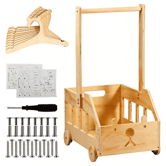 Hvxrjkn Solid Wood Baby Shower Crate Closet with Wheels, Nursery Storage Organizer with 10 Wood Baby Hangers, DIY Gift Basket for New Parents