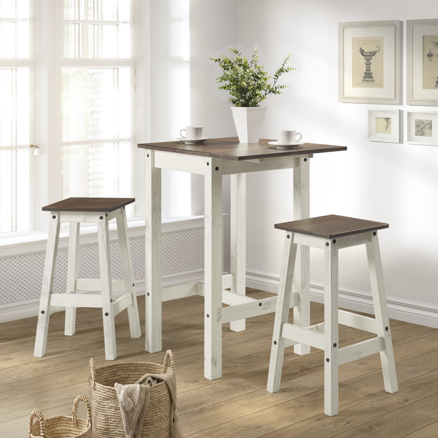 Wood Bar Height Dining Set of Drop Leaf Table and 2 Stools White ...