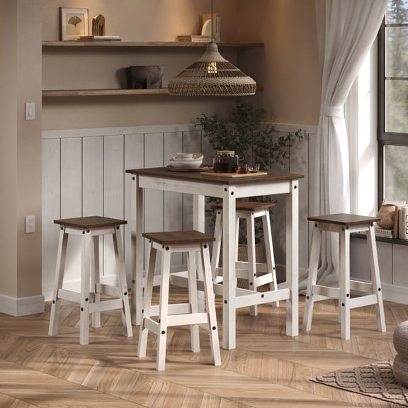 Wood Bar Height Dining Set of Drop Leaf Table and 4 Stools White Distressed | Furniture Dash CADBTBSET10