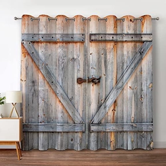 Wood Barn Door Blackout Curtains Rustic Farmhouse Wooden Door In Retro Color Oak Board Countryside Village Rural Decor For Bedroom Living Room Grommet Window Drapes 26"W x 45"L (Pack of 2)
