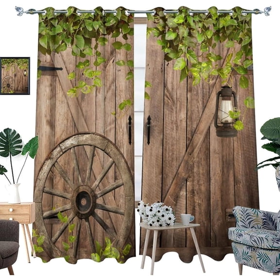 Wood Barn Door Curtains For Bedroom,Rustic Wood Wagon Wheel Farmhouse Barnwood Green Leaves Plank Thermal Insulated Room Darkening Grommet Window Curtains For Living 38"W x 54"L (Pack of 2)
