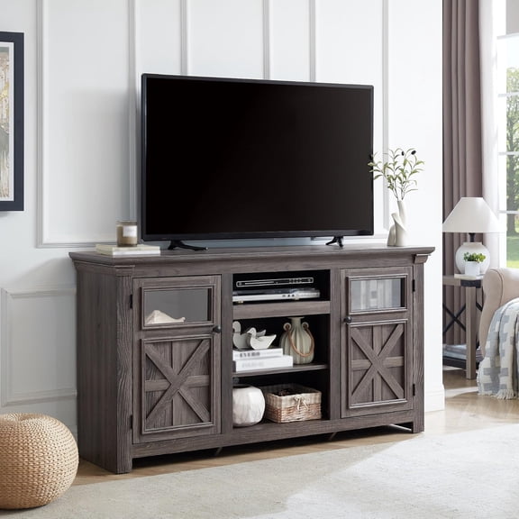 Wood Barn Door Media Television Console Table for TVs Up to 70", Entertainment Center with Large Storage Cabinets, Grey