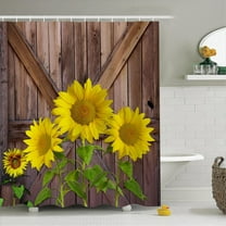 Wood Barn Door Shower Curtain for Bathroom with Hooks Harvest Yellow Sunflowers Green Leaves RV Stall Farmhouse Bathtub Home Decor Plants Fabric Waterproof Shower Curtains 72x72inches