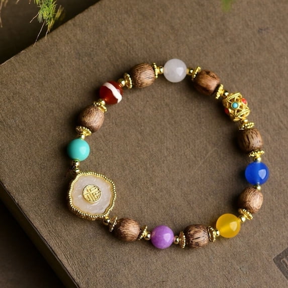 Wood Barrel Bead Bracelet 8mm with Stone and Alloy Accent Beads Unisex Jewelry for Meditation or Daily Wear