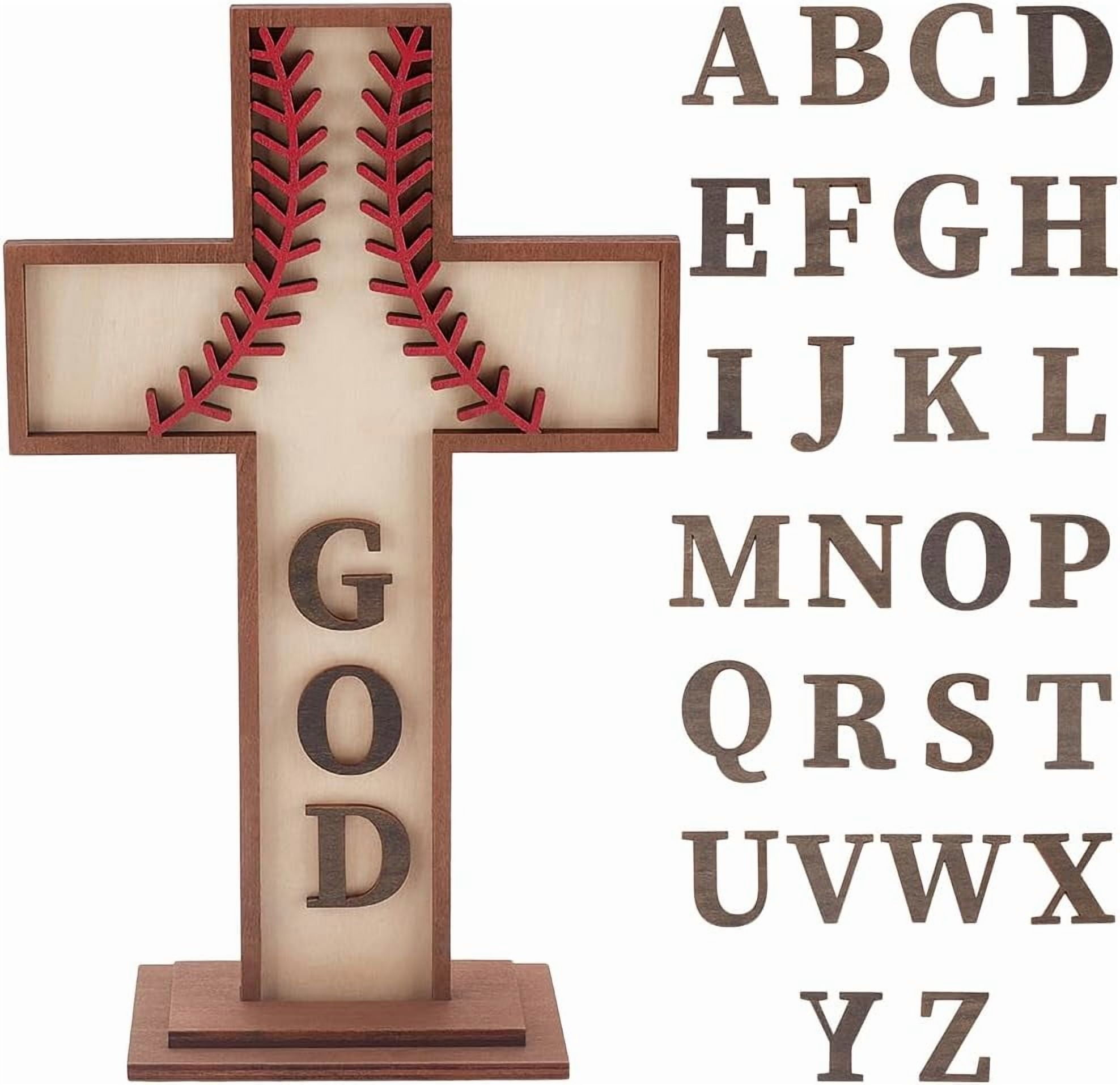 Wood Baseball Ornaments for Craft Tabletop Standing with 26 Letters Baseball Gift Baptism Table Centerpiece for Easter Party Celebrations Decoration Sunday School 10.4x6.5inch