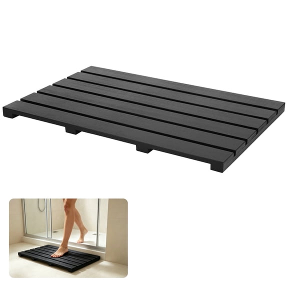 Wooden Bath Mat, Non Slip Shower Floor Mat with Raised Slatted Design, Smooth Wood Bathroom Mat for Tub, Spa, Sauna, Poolside, Indoor and Outdoor Wet Areas, Black