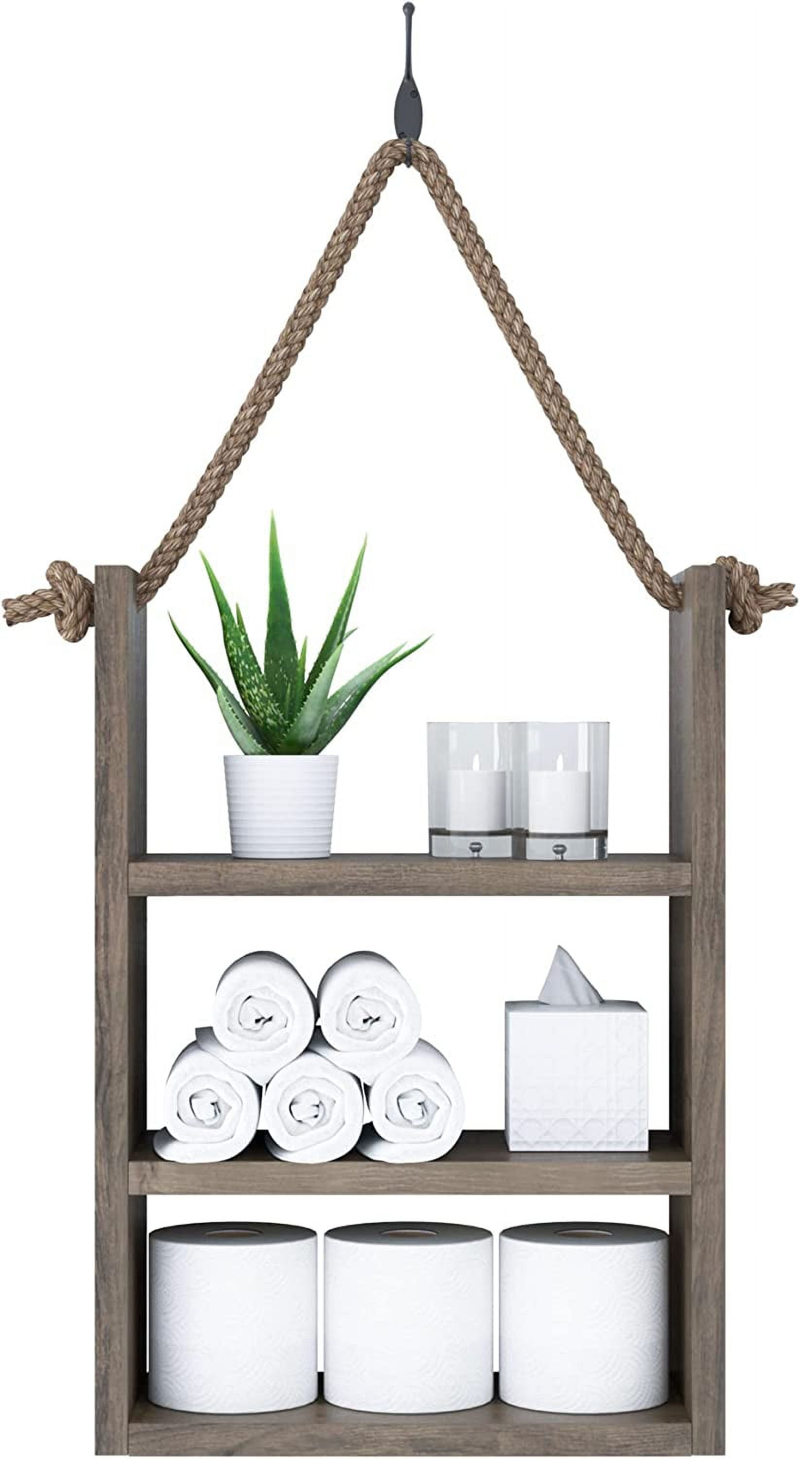 Wood Bathroom Shelf Over Toilet, Wall Mounted, Ladder Rope Hanging ...