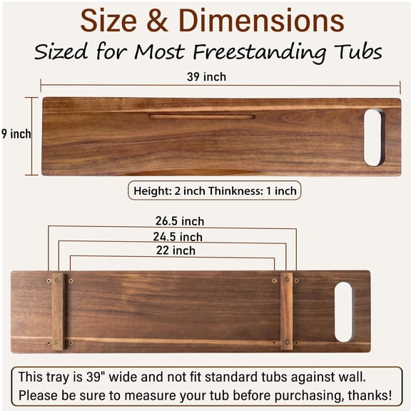 Wood Bathtub Tray, 39" L, Adjustable Freestanding Tub Spa Organizer