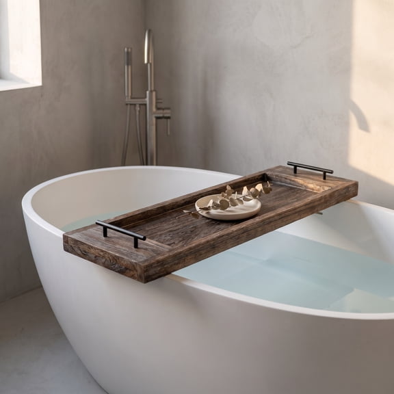 Wood Bathtub Tray Bath Caddy with Handle, 31Inch Rustic Distressed Finish, Large OverTub Board Shelf, for Bathroom Home Decor Use