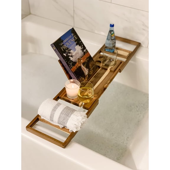 Wood Bathtub Tray, Expandable Wooden Bath Tray for Tub with Wine and Book Holder, Solid Bathroom Caddy