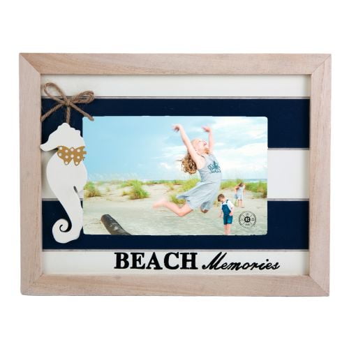 Wood Beach Memories Photo Frame with Hanging Seahorse