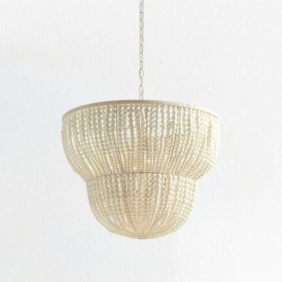 Coastal Ivory Round Wood Bead 2-Tier Chandelier, Natural Ceiling Lamp, Elegant Ceiling Light, Hand-weaved Light Fixture over Kitchen Island, for Living Room, Dining Room, Bedroom