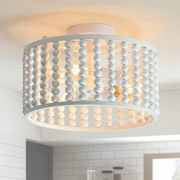 Wood Bead Chandelier, Semi Flush Mount Boho Nursery Ceiling Light Fixture Rustic 3 Lights Chandelier Farmhouse E26 for Kitchen Bedroom Living Dining Room White