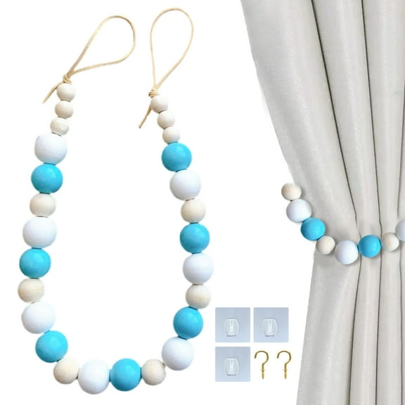 Wood Bead Curtain Tiebacks, Curtain Holdbacks for Thin or Thick Window Draperies, Boho Farmhouse Curtain Tiebacks with Hooks, for Home Office Room Decor Blue