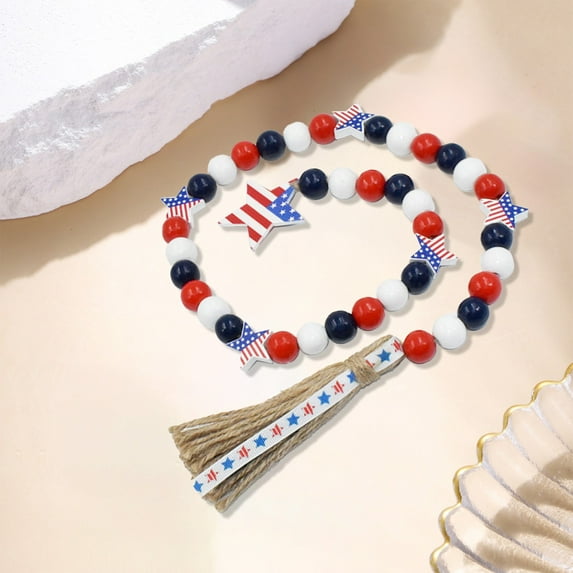 Wood Bead Garland with American Flag and Rustic Tassels, Farmhouse Wall Hanging Prayer Beads Patriotic American Independence Day 4th of July Ornaments for Home Decor