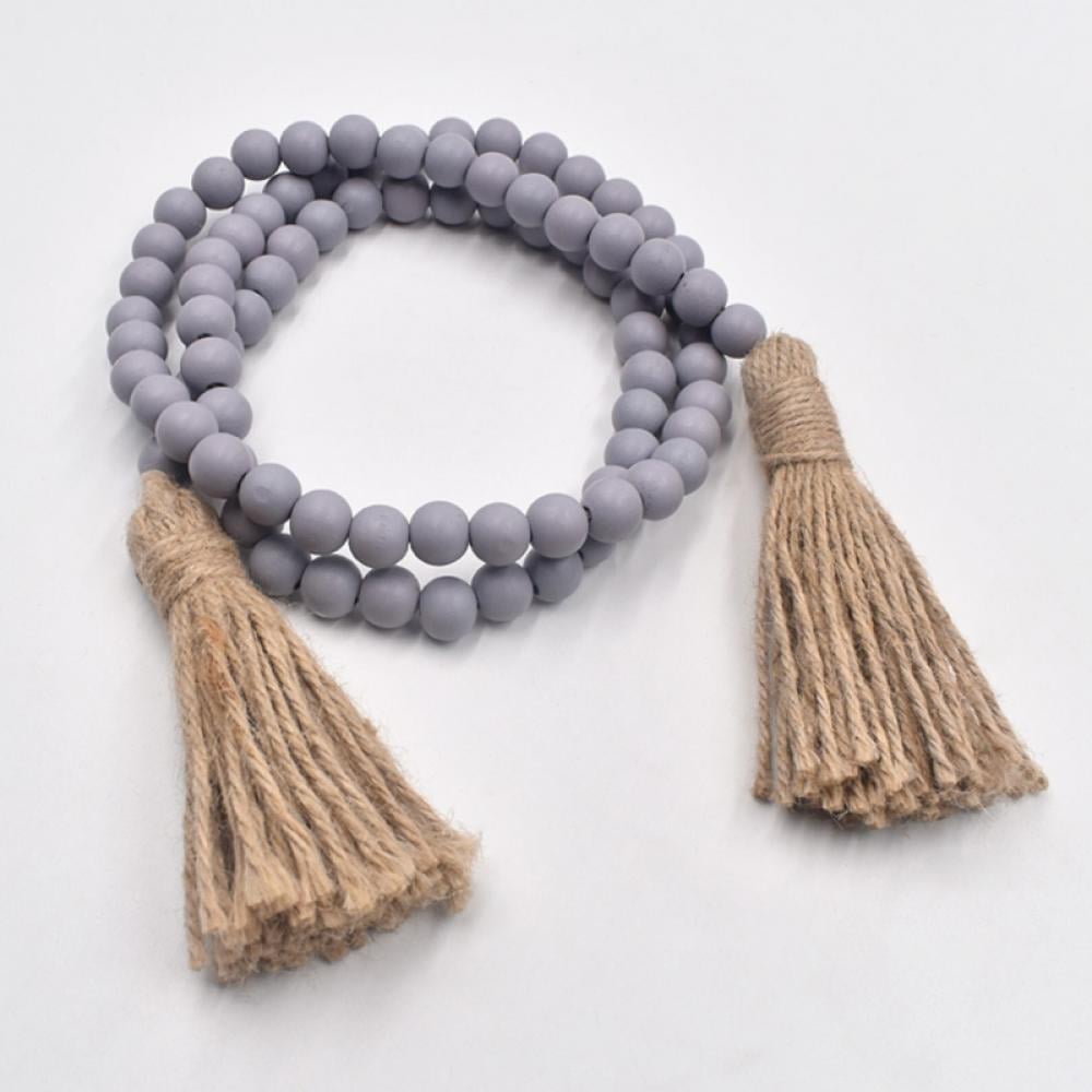 Wood Bead Garland Farmhouse Beads, Wood Garland with Tassels - Technical View