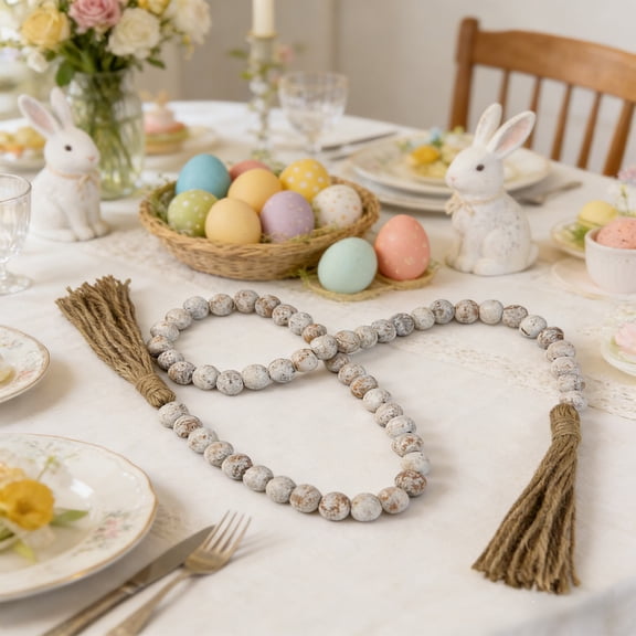 Wood Bead Garland Tassel Pendant Farmhouse Easter Tray Decor Rustic Wooden Bead String Hanging Ornament for Fireplace Table Wall Spring Party Home Country Style Decoration