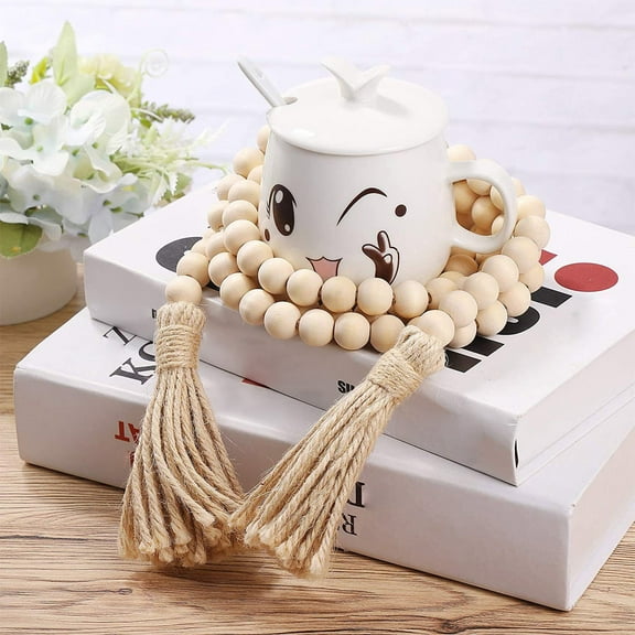 Wood Bead Garland Verdsylv 1 Piece 58In Wood Bead Garland with Tassels - Farmhouse Rustic Nature Wall Hanging Decor for Living Room Bedroom Prayer Beads, Farmhouse Wall Hanging, Beige