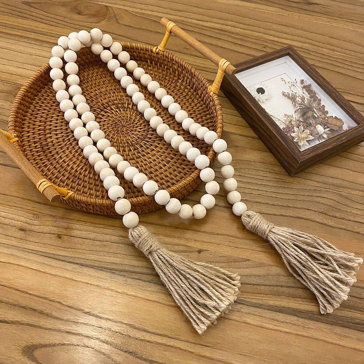 57in Wood Bead Garland with TasselsFarmhouse Beads Rustic Country Decor Prayer Boho Beads Wall Hanging Decoration (Nature)