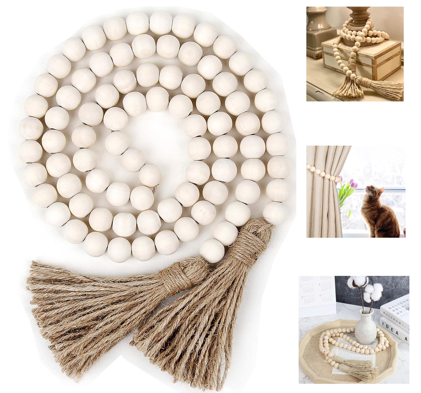 Wood Bead Garland with Tassels,Farmhouse Beads Rustic Wooden Beads Decorative 58inch Boho Beads Country Decor Wall Hanging Decor Coffee Table Decor