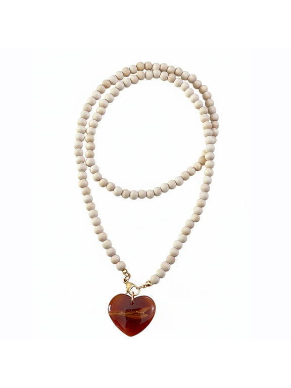 Wood Bead Layered Necklace for Women, Double Strand Long Chain with Heart Pendant, Natural Bohemian Sweater Necklace, Adjustable Gold Tone Clasp Jewelry Gift