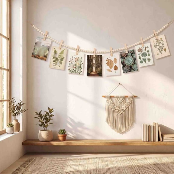 Wood Bead Photo Garland with 9 Clips, Boho Picture Hanging String for Wall & Bedroom, Rustic Home Decor, Macrame Inspired Display for Polaroids, Wedding & Nursery-Free Dorm
