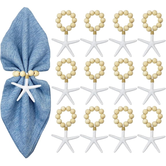 Wood Bead Starfish Napkin Rings Set of 12 White Sea Star Napkin Rings Bulk for Coastal Beach Dinning Table Decoration, Wooden Napkin Ring Holders for Party Gathering Banquet Wedding Birthday
