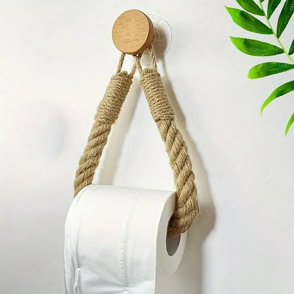 Wood Bead Toilet Paper Holder Wall Mounted Paper Roll Rack No Drill Bathroom Tissue Holder Handwoven Rope Storage Hanger for Bathroom Bedroom Kitchen RV Apartment Decor
