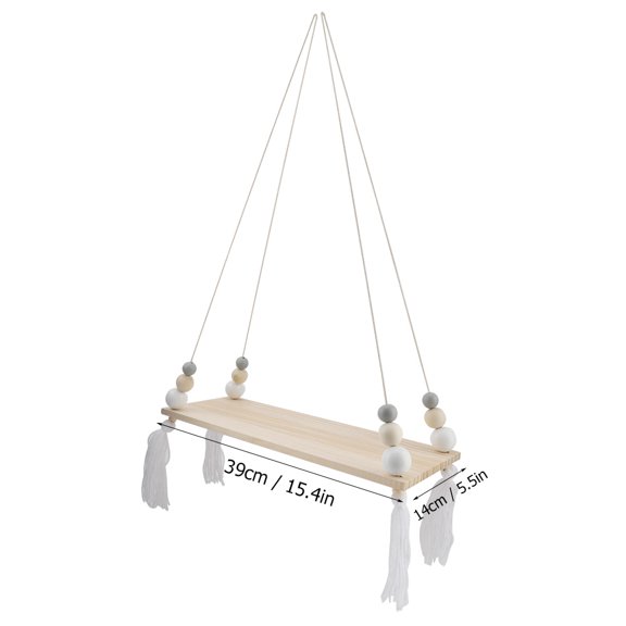Wood Bead Wall Hanging Shelf Display Rack with Tassels, White Gray, 15.4 x 5.5 in