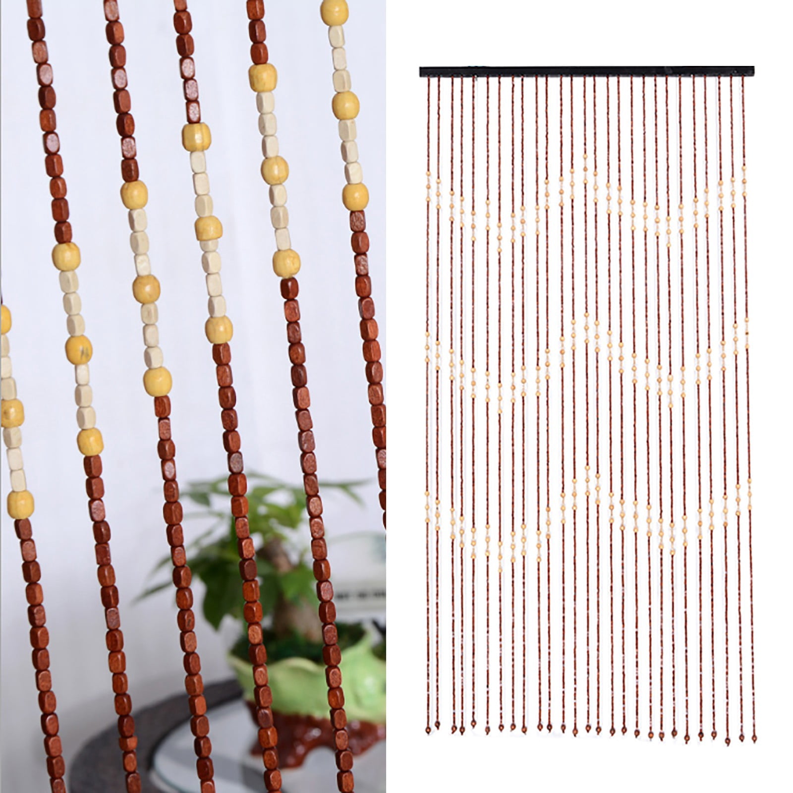 Wood Beaded Curtain 27 Line Wave Dense Fringe Beaded Door Curtain Retro Room Divider 90 x 175 cm