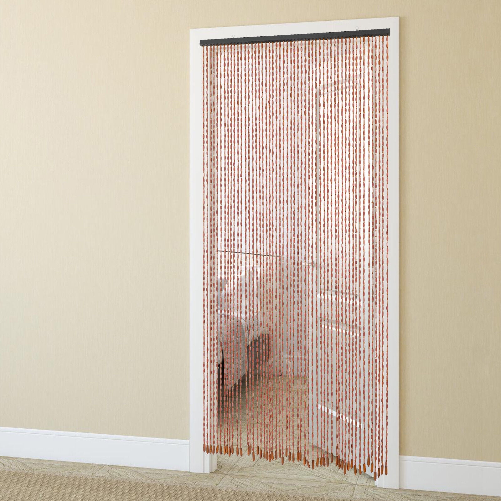 Wood Beaded Curtain and Bamboo 52 Line Wave Dense Fringe Beaded Door 78.74*35.43in Coffee Color