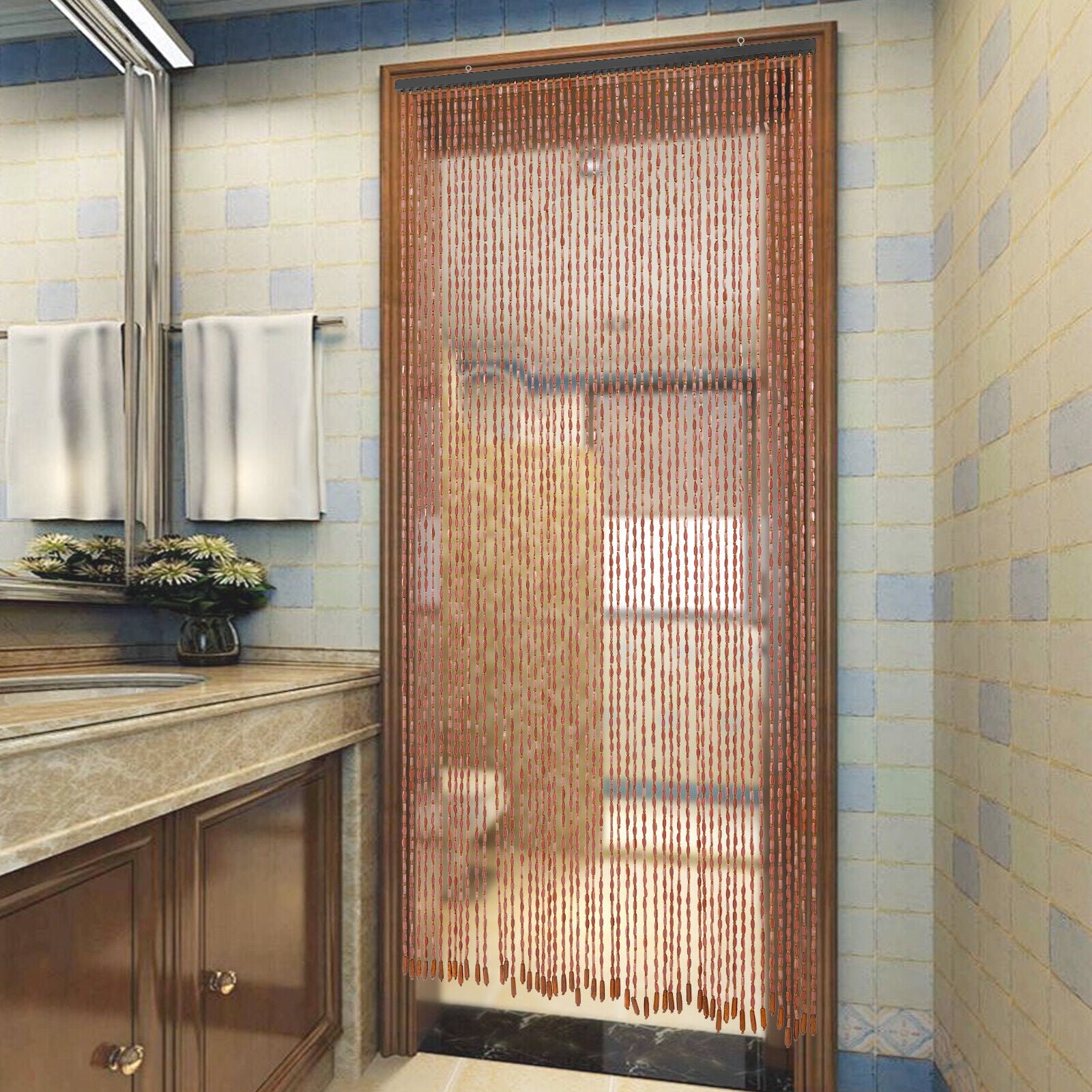 Wood Beaded Curtain and Bamboo 52 Line Wave Dense Fringe Beaded Door 90 x 200 cm