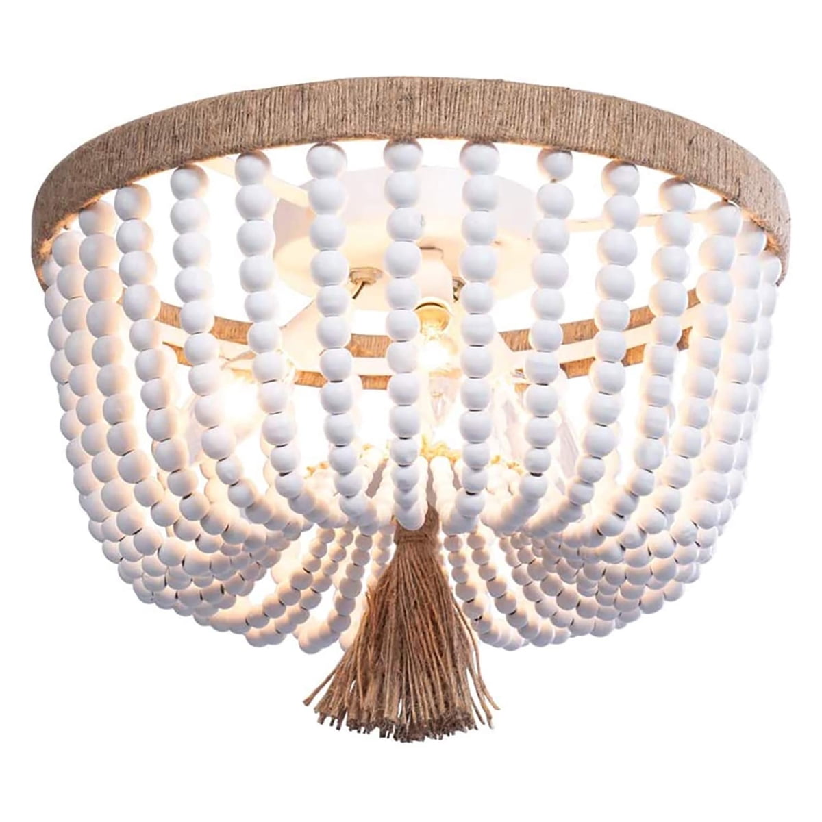 Wood Beaded Flush Mount Ceiling Light,3-Lights Antique Rustic Beaded ...