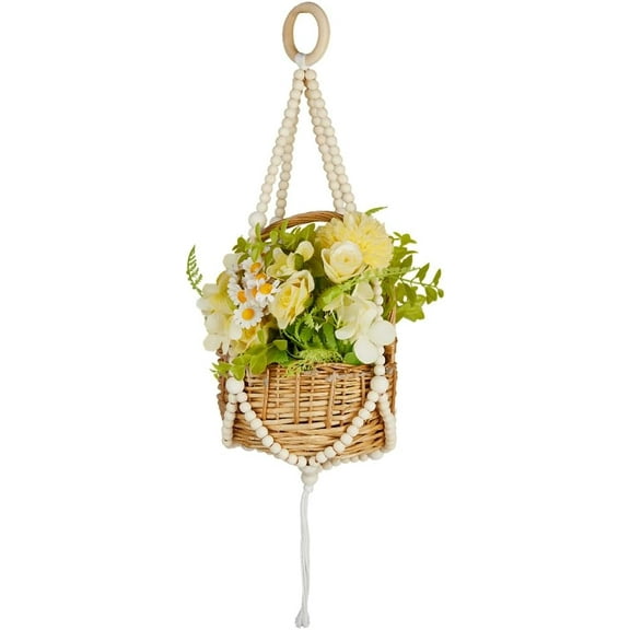 Wood Beaded Plant Hanger Macrame Hanging Planters 63cm Long Boho Decorative Flower Pot Holder Basket with Tassels Wall Decor for Indoor Outdoor Farmhouse Rustic Home Party Decor