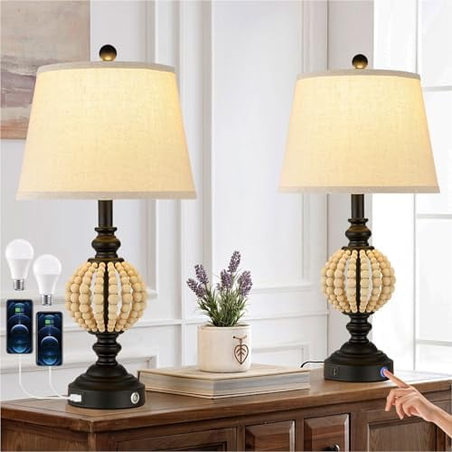 Wood Beaded Table Lamp Set of 2 for Living Room Bedroom Touch Control 3-Way Dimmable 24.6" Farmhouse Table Lamps Rustic Nightstand Bedside Lamps(2 Bulbs Included)$$Tools & Hardware Other