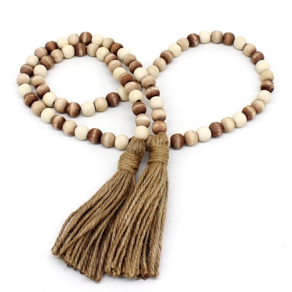 Wood Beads Garland with Tassels Farmhouse Rustic Wooden Prayer Bead String Wall Hanging Accent for Home Festival Decor. Mix Distressed