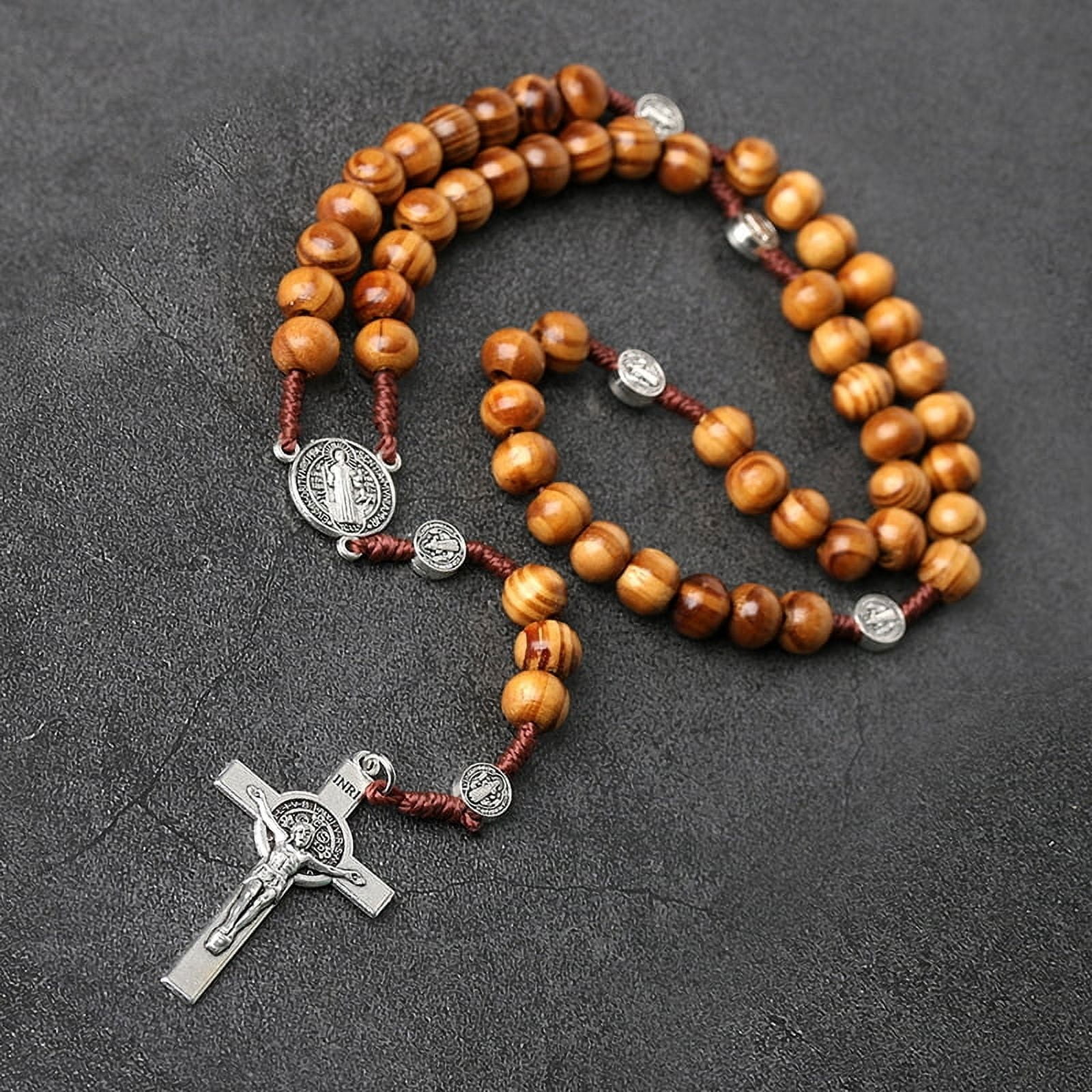 Wood Beads Rosary Cross Necklace For Women Men Christian Virgin Mary ...